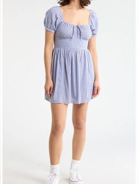 Abound Gingham Puff-Sleeve Mini Dress in Light Blue